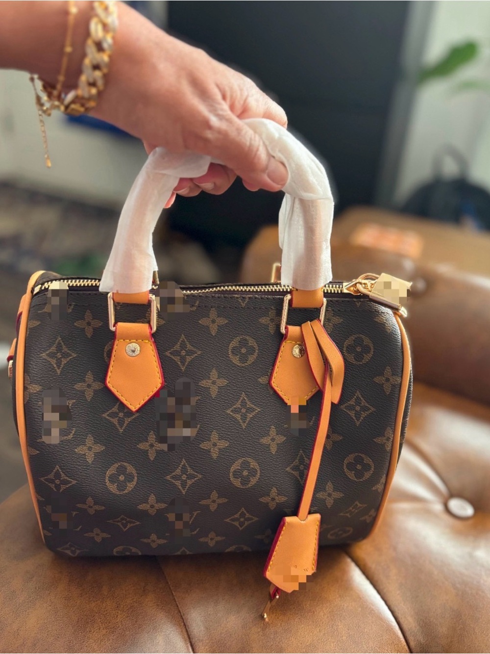 Brown Monogram Satchel with Orange Trim